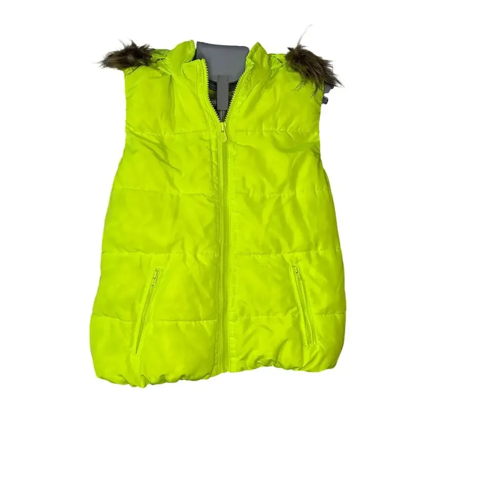 Justice Lime‎ Green Puffer Vest with Faux Fur Hood Girl Sz 14